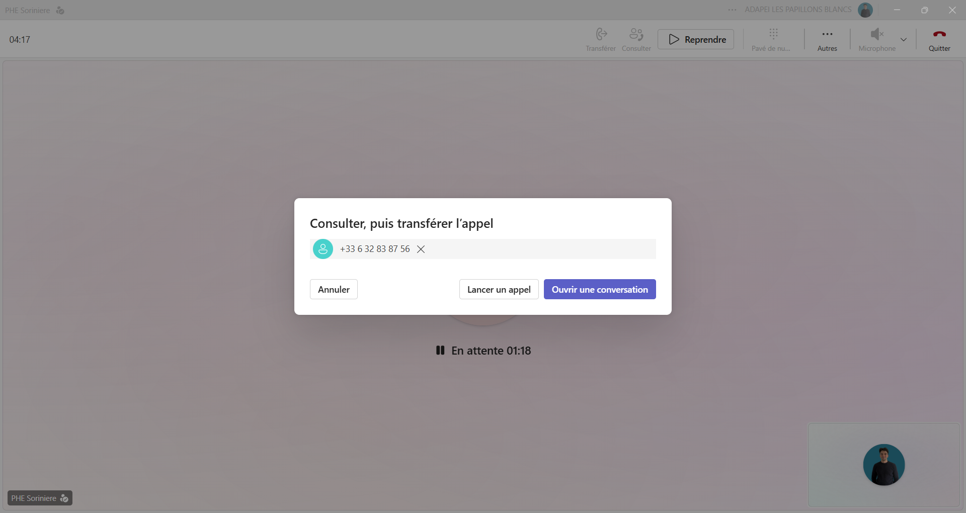 Fenêtre Consulter puis transférer l’appel
