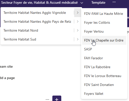 Menu déroulant d’un secteur avec la liste des établissements