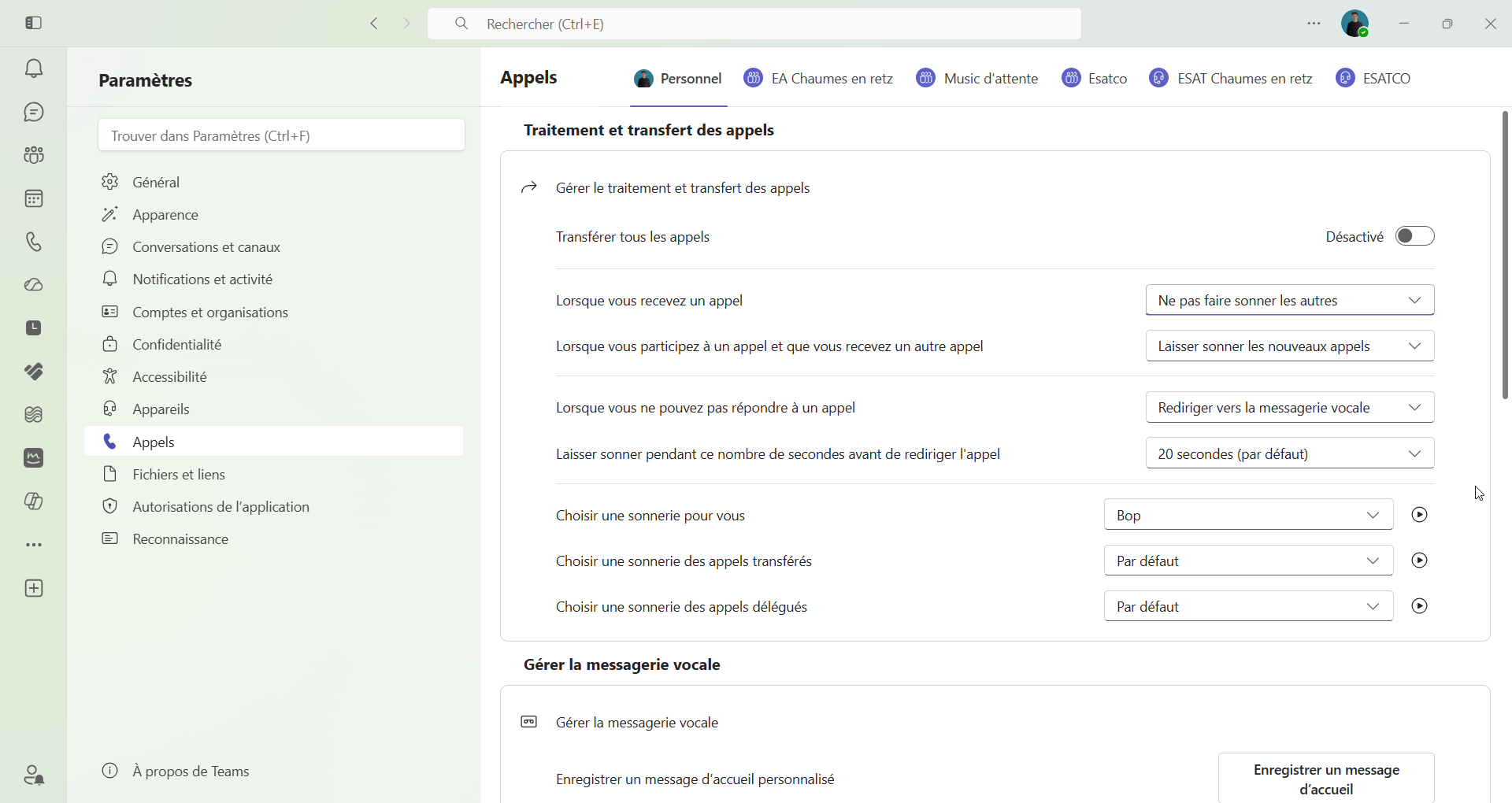 Paramètres Appels de Teams avec l’interrupteur Transférer tous les appels