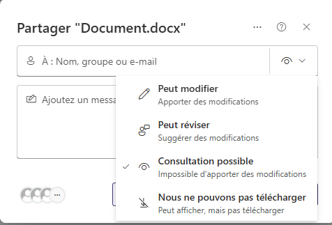 Choix du niveau de droits : modifier, réviser, consultation