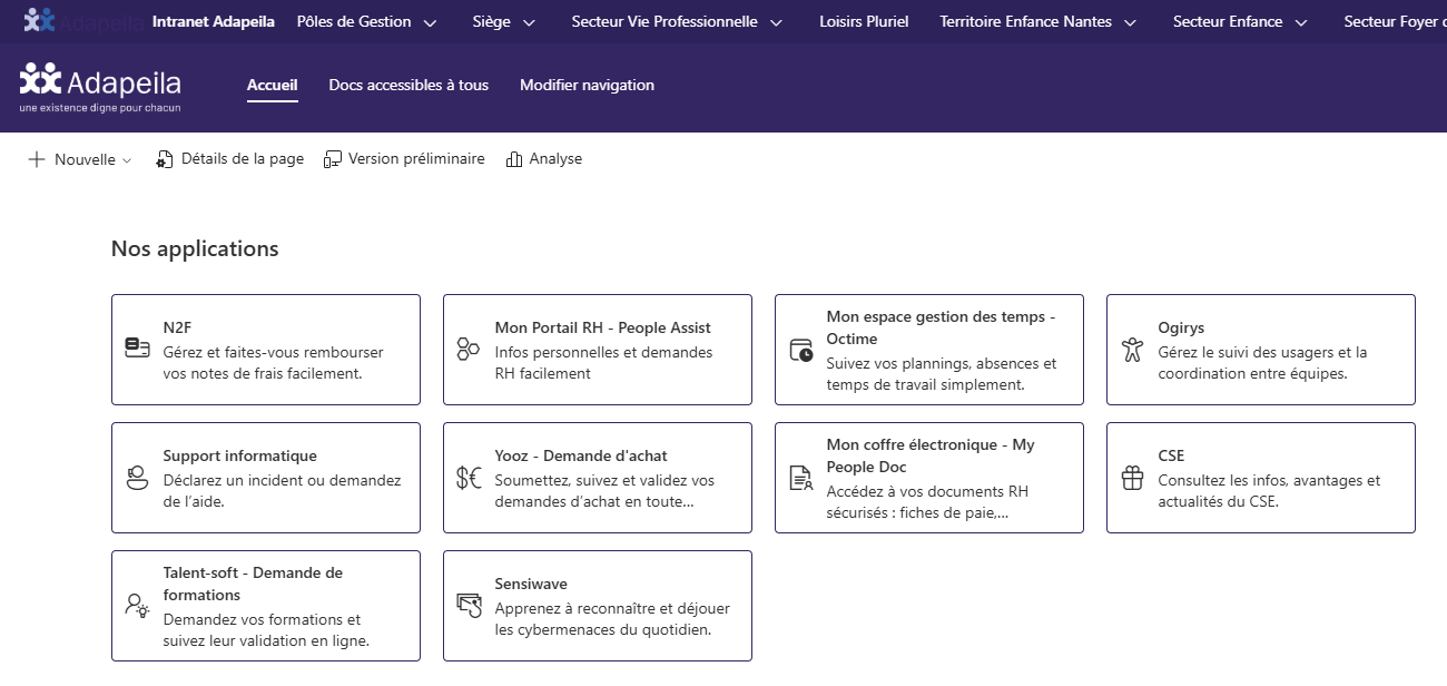 Page d’accueil de l’intranet avec la section Nos applications