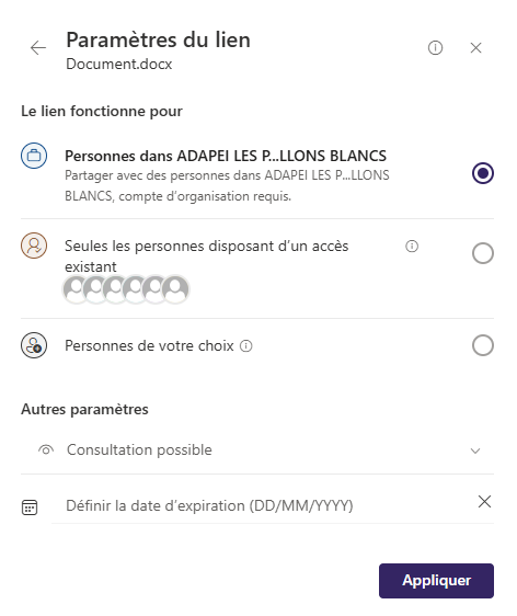 Paramètres du lien de partage