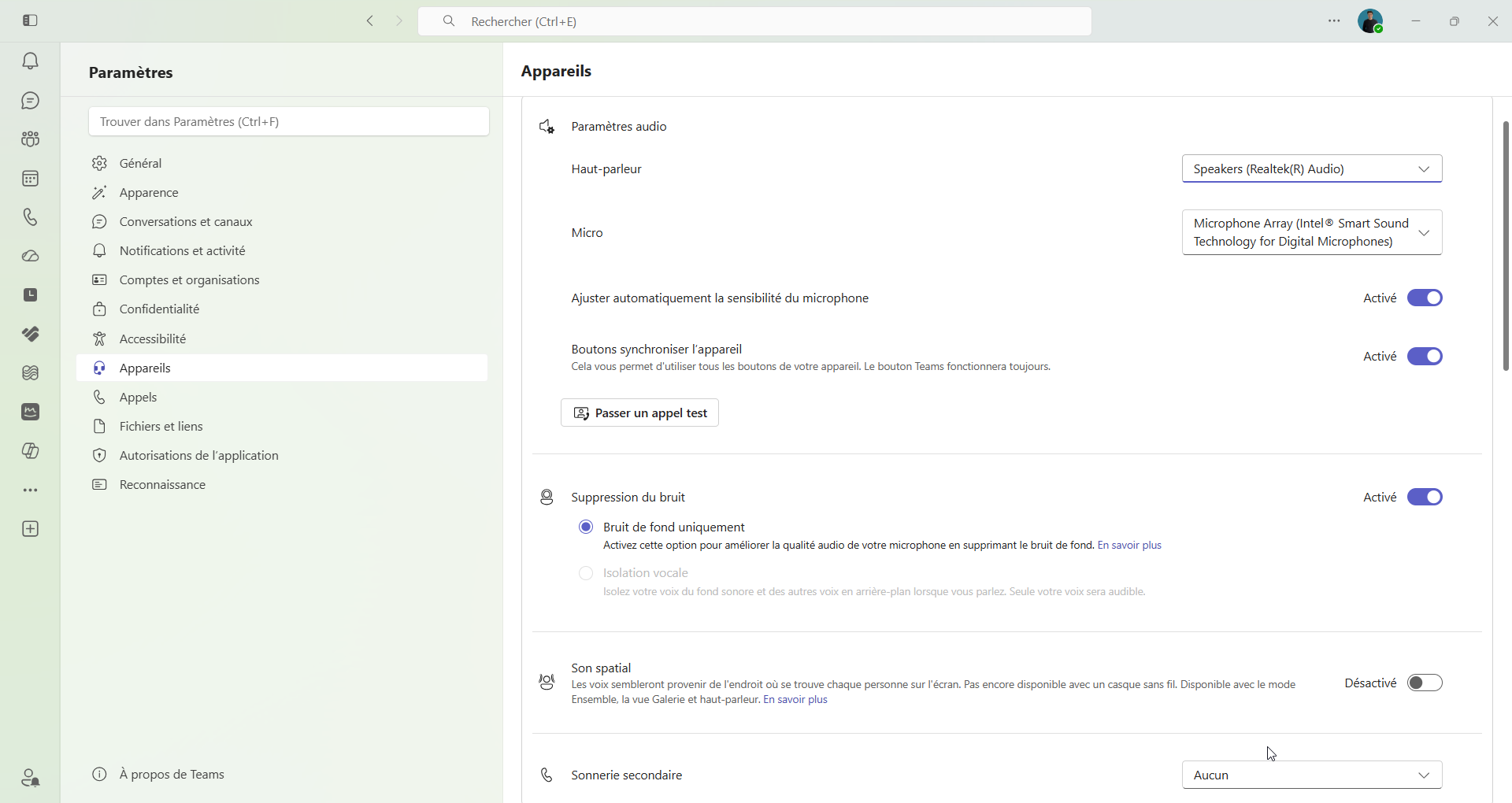 Paramètres Appareils de Teams avec le bouton Passer un appel test