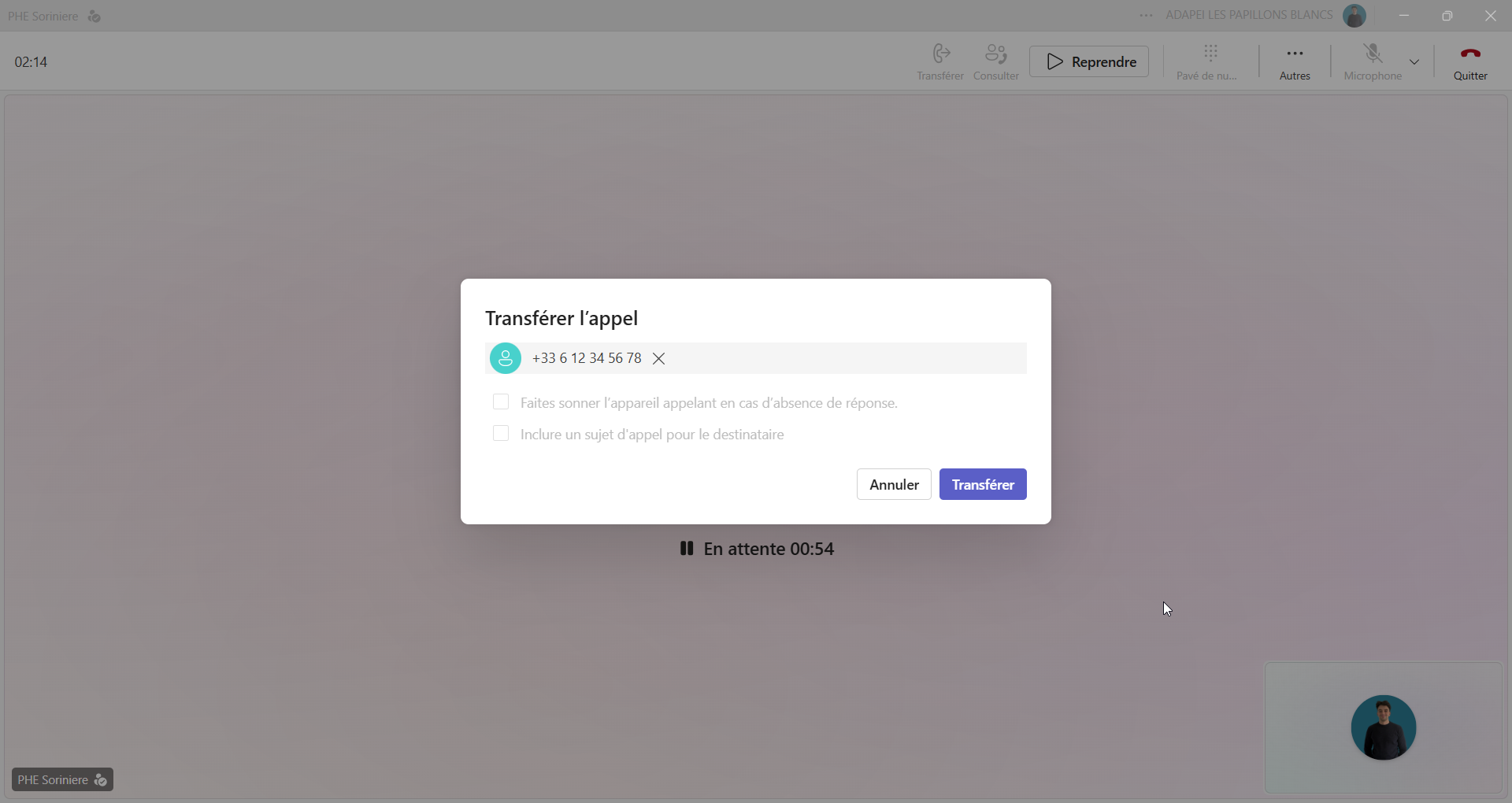 Fenêtre Transférer l’appel avec saisie du numéro de destination